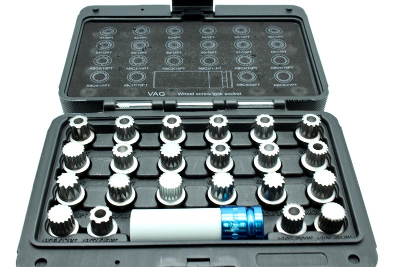 TEMO 23 pc Wheel Lock Lugnut Anti-Theft Lug Nut Screw Removal Key Socket Set for Vw Audi with 1/2 Inch Socket Adapter - Image 1